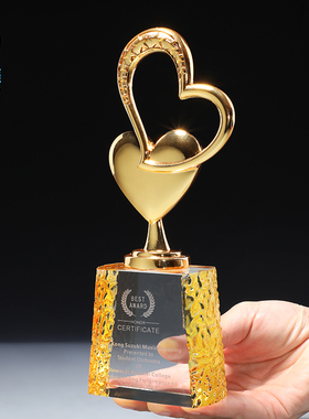 心心相印水晶奖杯定制创意慈善个人优秀员工忠诚奉献金属奖杯年会