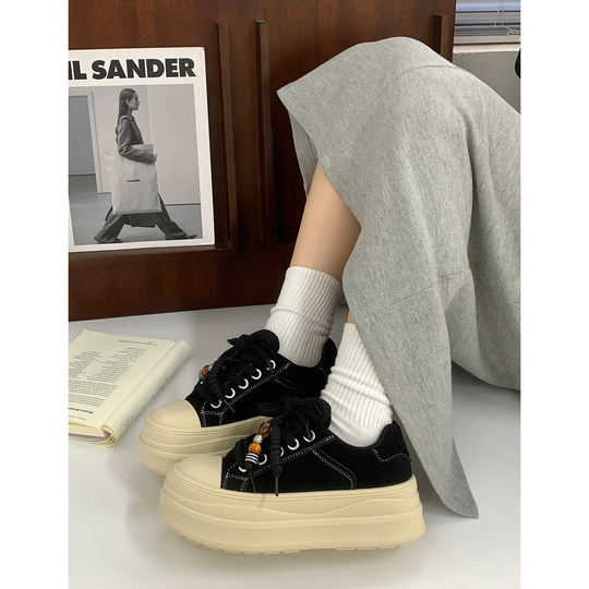 复古串珠厚底板鞋女2025秋冬新款百搭休闲鞋面包增高运动鞋松糕鞋