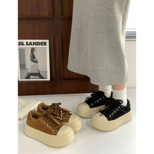 复古串珠厚底板鞋女2025秋冬新款百搭休闲鞋面包增高运动鞋松糕鞋