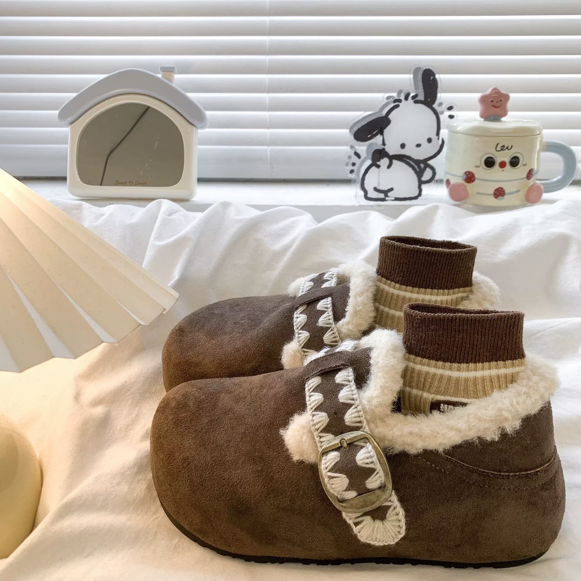 复古内增高厚底刺绣勃肯鞋加绒雪地靴女2025新款秋冬两穿包头半拖 - 图1