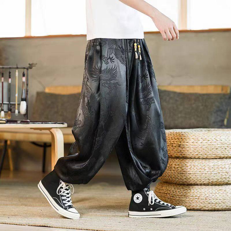 国潮龙纹时尚阔裤腿男夏季加肥加大码潮牌胖子宽松薄款束脚灯笼裤,淘宝优惠券,粉丝福利购,淘宝优惠卷