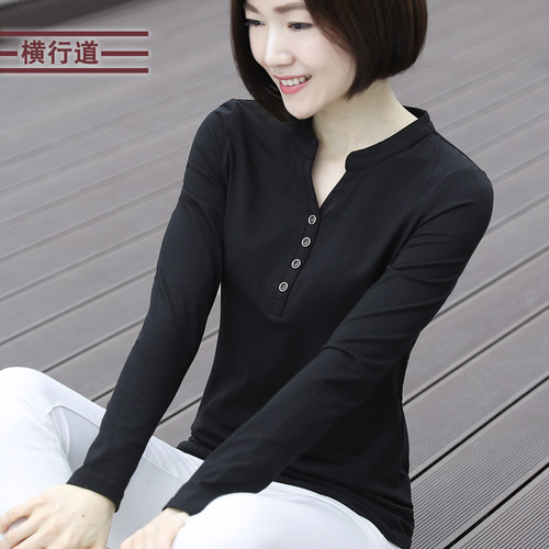 2026春季新款v领上衣女士莫代尔棉大码中年妈妈长袖t恤立领打底衫 - 图0