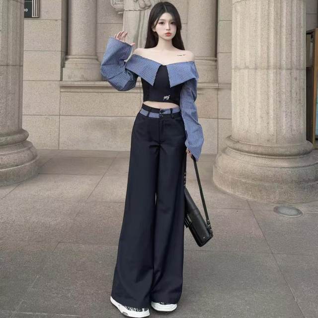 Hong Kong style shirt, wide-leg pants, two-piece hot girl