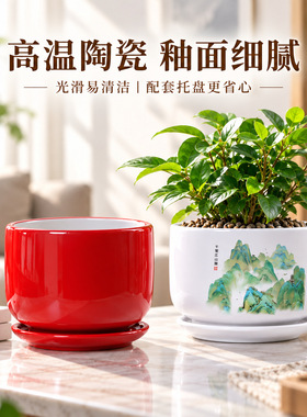 结婚用的喜庆礼物红花盆陶瓷大号