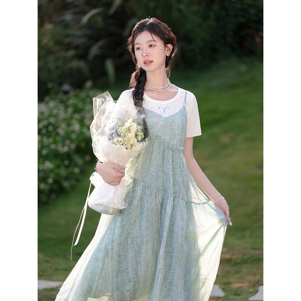 「海盐薄荷」吊带连衣裙+蝴蝶印花套装裙2024夏季清新森女两件套,淘宝优惠券,粉丝福利购,淘宝优惠卷