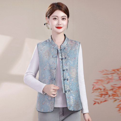 妈妈春秋薄款国风复古盘扣马夹中老年女装大码新中式立领马甲坎肩 - 图1