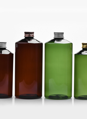 斜肩铝盖瓶300ml500毫升绿色棕色塑料分装瓶金银古铜色铝盖袋内塞