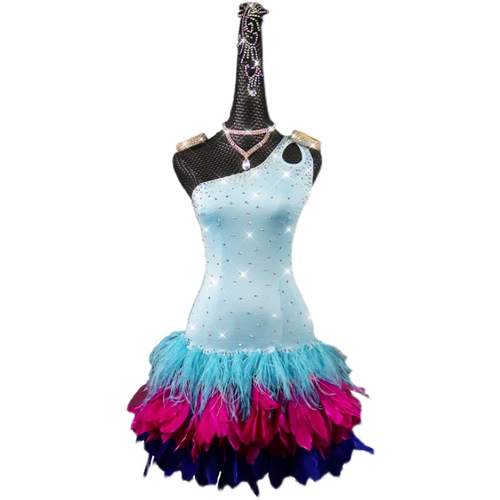 Детское синее элитное платье для танцевального шоу, 2023, набивка пером