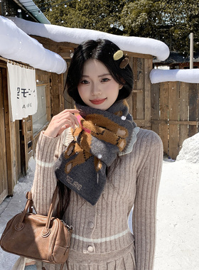 韩版百搭时尚纯色小熊围巾女秋冬
