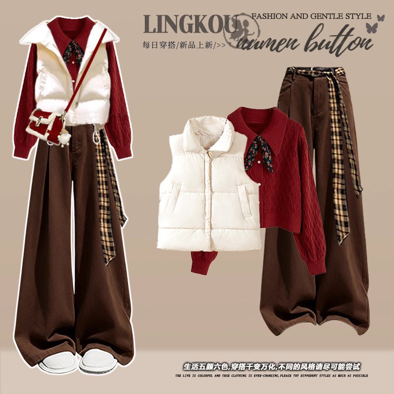 2025冬季气质套装女棉服马甲圣诞红色针织毛衣搭显瘦休闲裤三件套,淘宝优惠券,粉丝福利购,淘宝优惠卷