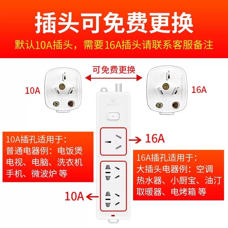 公牛16A延长线插座16安插排插线板空调热水器专用10A转16A大功率 - 图1