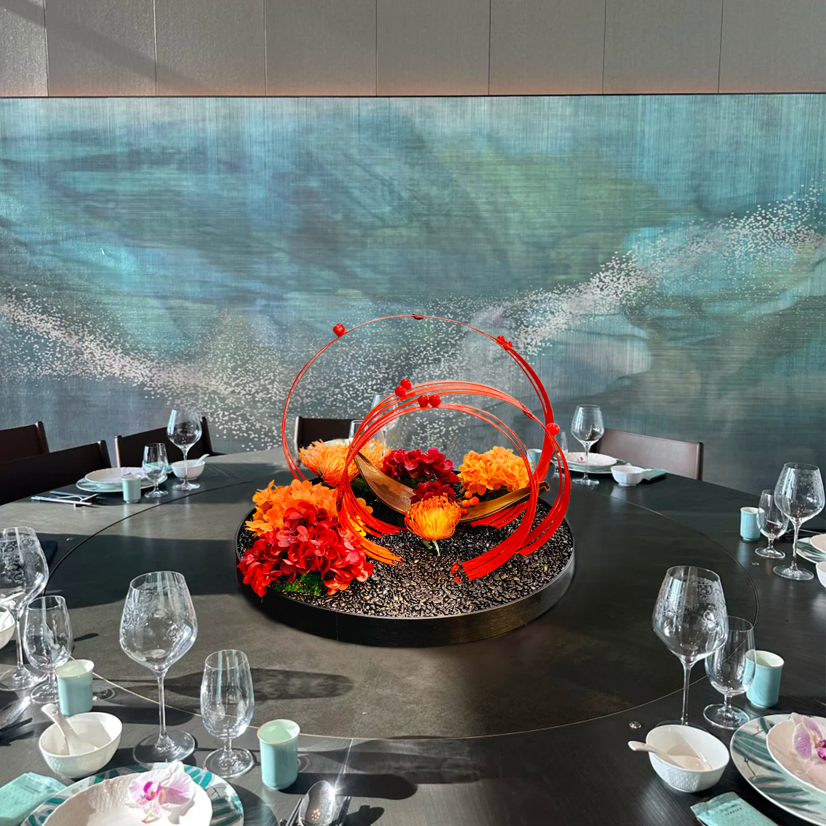 红色高端新中式酒店餐厅圆桌仿真转盘花电动圆桌转盘餐桌装饰摆件,淘宝优惠券,粉丝福利购,淘宝优惠卷