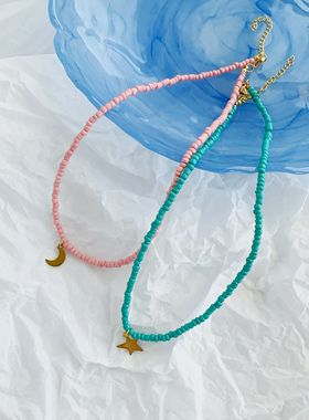 粉绿色串珠项链月亮星星颈链