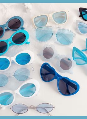蓝色集合拍照三角椭圆形太阳镜