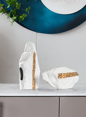 新中式轻奢陶瓷山石花器假山石y头样板间极简酒店软装饰品玄关摆