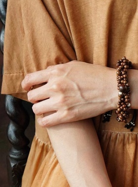 金丝檀木手工6股编织串珠手链