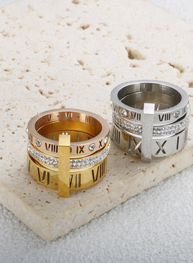 跨境欧美戒指 轻奢电镀18K金色镶钻高级感不锈钢戒指Tiktok货源