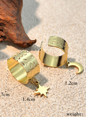 跨境中古戒指不锈钢镀18K金开口戒指小众设计高级感中东星月戒指