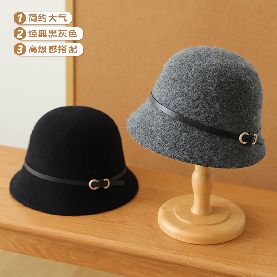 秋冬高级感毛呢渔夫帽气质优雅小礼帽女生法式复古圆顶盆帽显脸小