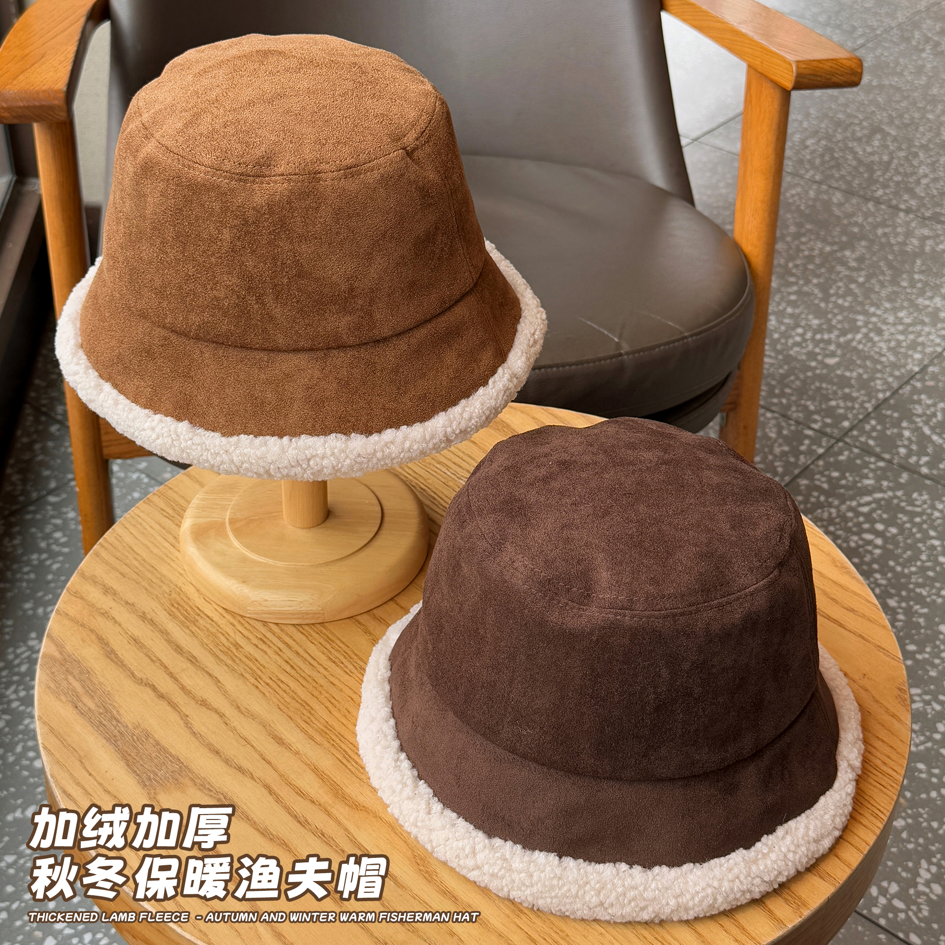 加绒加厚保暖渔夫帽男适合方脸大脸显瘦盆帽冬季毛绒水桶帽子女生 - 图0