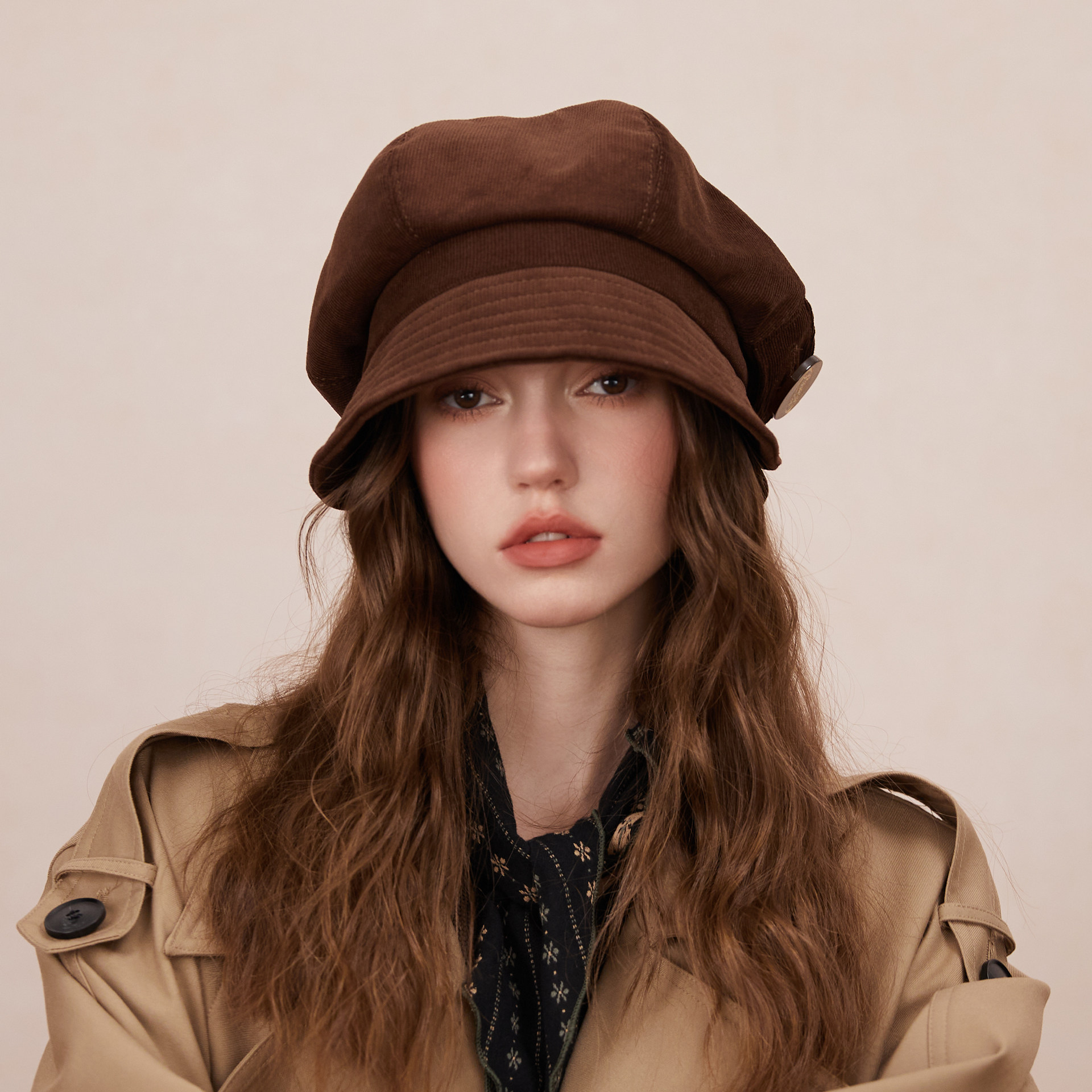 2025秋冬日系渔夫帽咖啡色灯芯绒复古气质报童帽小众高级感盆帽女,淘宝优惠券,粉丝福利购,淘宝优惠卷