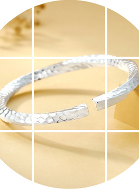 四方光面锤纹纯银手镯男女足银99