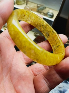 天然金发晶原石手工雕刻手镯条宽14.3圈口57重50.8克