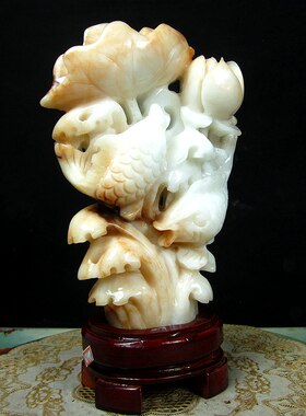 中式天然玉石鱼戏莲叶摆件招财