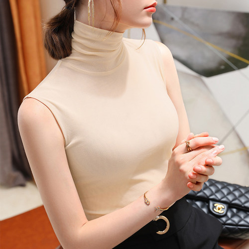 2025秋装高领坎肩网纱背心无袖薄纱上衣女坎袖纱衣打底衫沙体t恤 - 图2