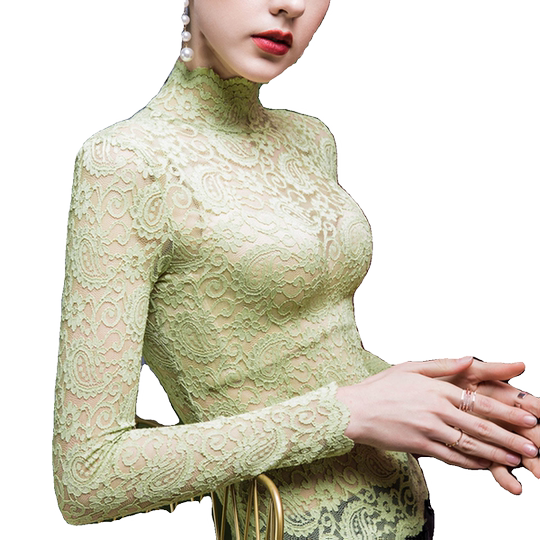 半高领黑色蕾丝打底衫2025新款女长袖薄款网纱t恤加绒款雷丝上衣