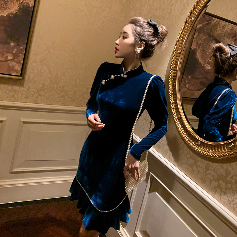 丝绒长袖旗袍改良版女2020年连衣裙 卡蜜缇连衣裙