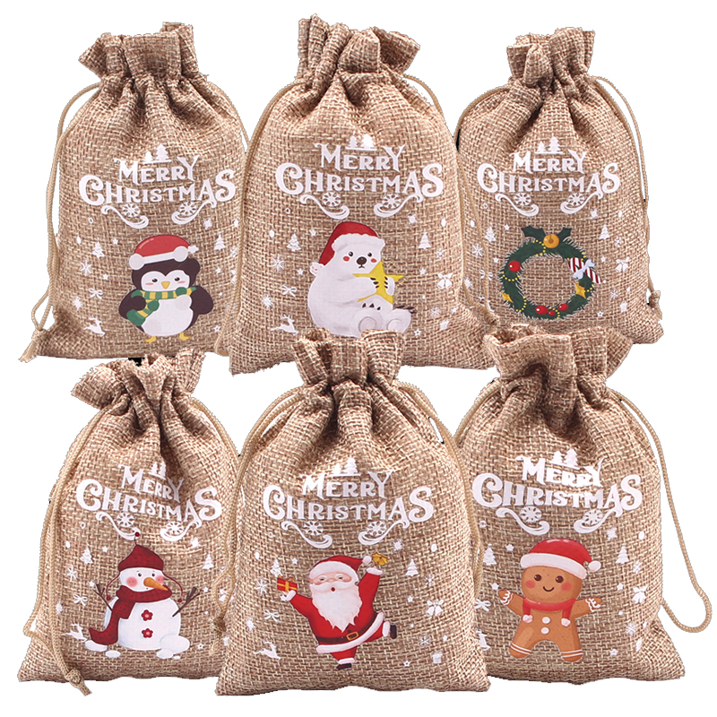圣诞仿麻布礼品袋圣诞节儿童礼物糖果包装袋苹果抽绳束口收纳袋子 - 图3