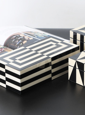 现代样板间软装木质家居摆件黑白条纹收纳衣帽间首饰盒托盘摆件