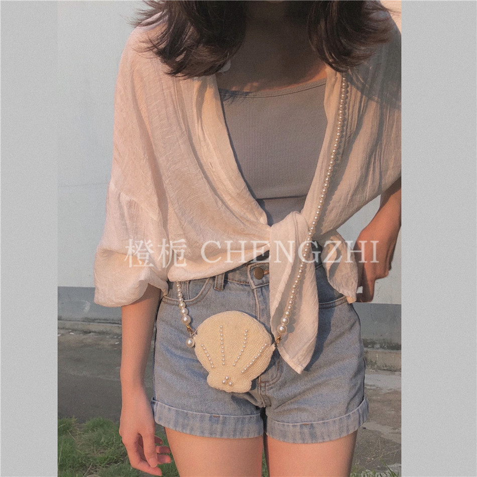 ins贝壳珍珠串珠网红仙女编织包 橙栀女士包袋