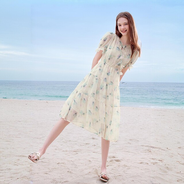 Betu Baitu ສິ້ນ chiffon floral ສົດຂອງແມ່ຍິງ 2026 summer ເສື້ອຍືດແຂນສັ້ນພິມອອກໃຫມ່