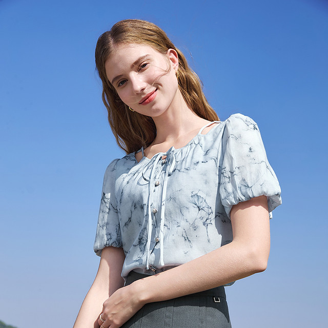 Betu Baitu lace-up ink print shirt women's puff sleeves 2025 summer new loose short-sleeved shirt