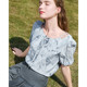 Betu Baitu lace-up ink print shirt women's puff sleeves 2025 summer new loose short-sleeved shirt