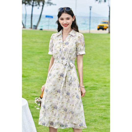 New summer floral high-waisted lace-up dress