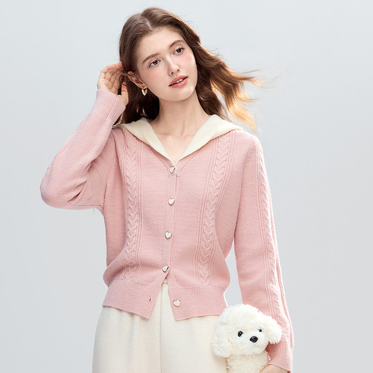 Betu Baitu pink fake two-piece hooded sweater jacket for women 2025 winter new sweet knitted cardigan