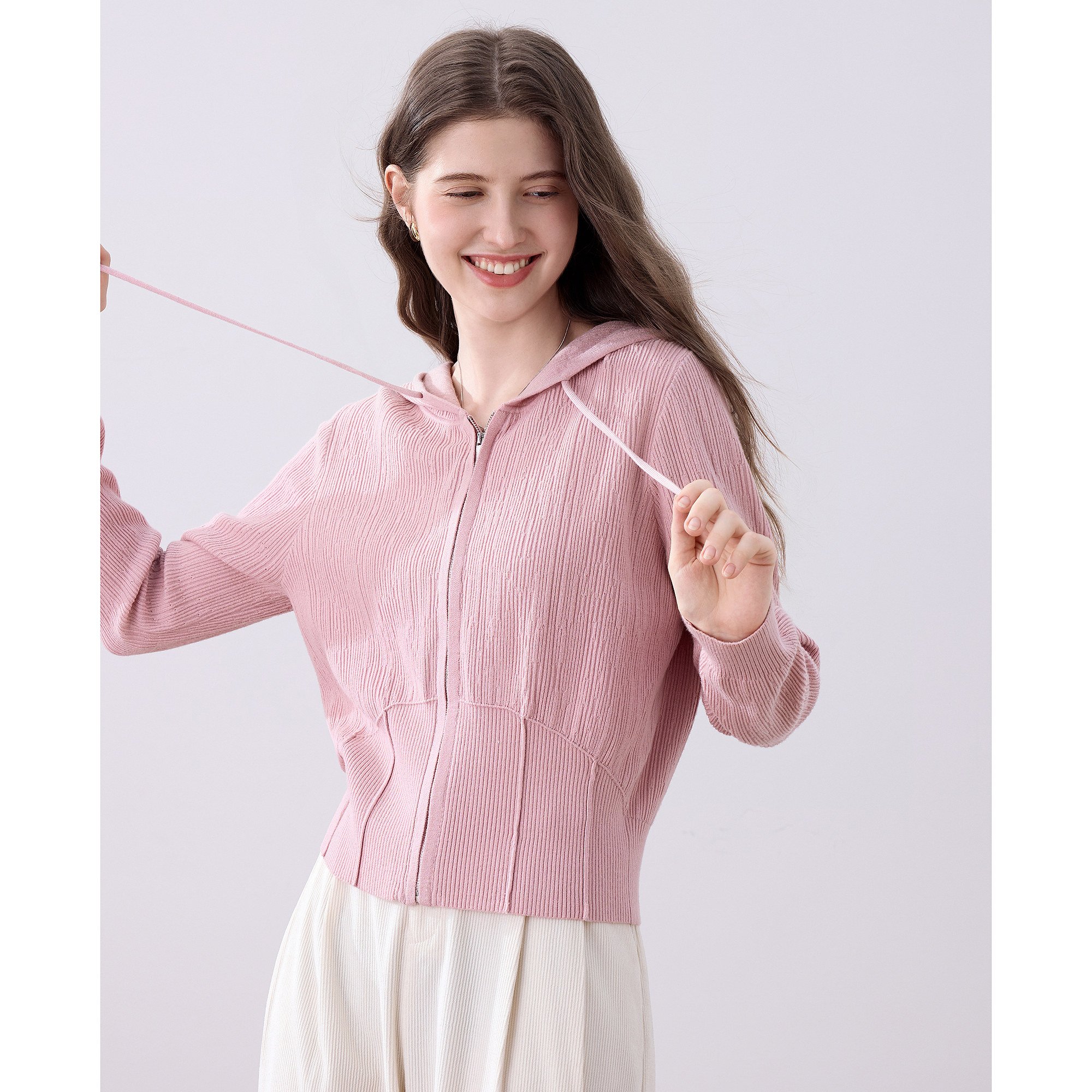 betu百图时尚坑条连帽针织开衫女2025年秋季新款针外穿毛衣外套