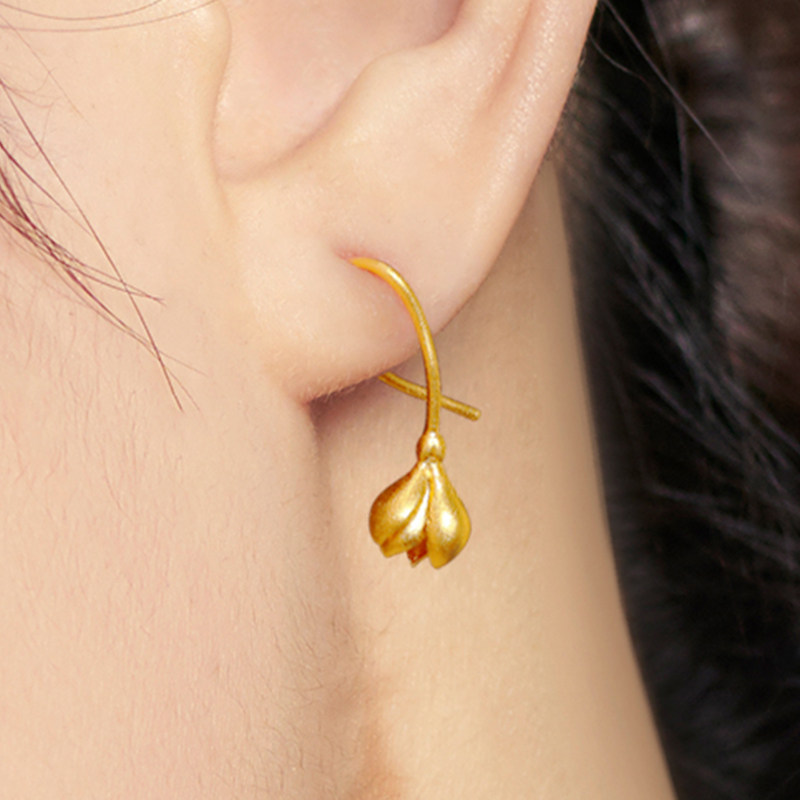 千叶珠宝古法玉兰花朵足金万能耳钩 千叶珠宝耳饰