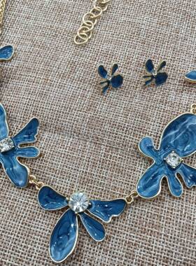 19欧美原单珐琅彩釉花朵造型配套项链耳钉女神小姐姐性感锁骨项链