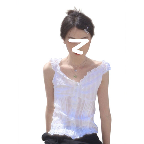 Drawdream 韩版白色无袖背心女夏季高级感木耳边修身显瘦开衫上衣 - 图2