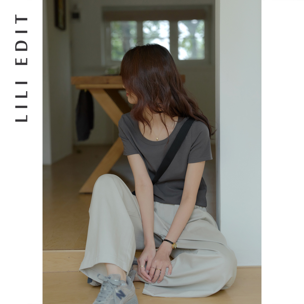 LILI EDIT/纯色小版正肩螺纹T恤女夏季新款基础百搭短袖圆领上衣-图2