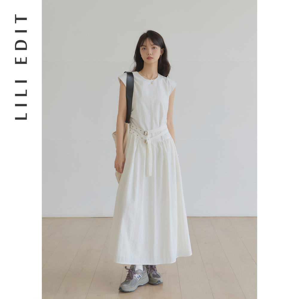 LILI EDIT/垫肩垂坠感甜酷风收腰连衣裙女夏季显瘦双扣带设计裙子