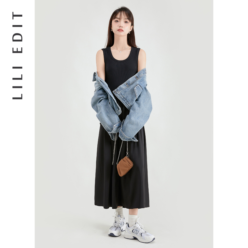 LILIEDIT/黑色收腰修身无袖背心连衣裙女夏季新款高级气质长裙夏 - 图0