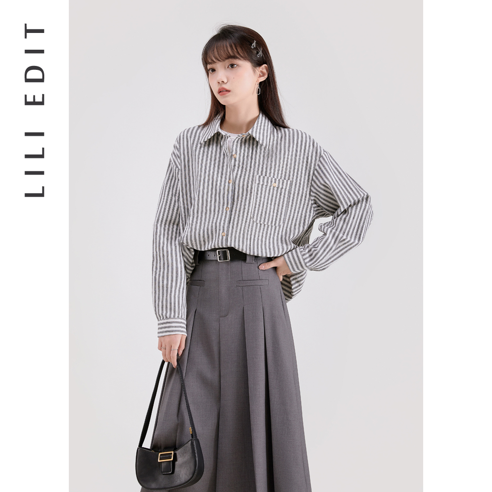 LILIEDIT/翻领条纹衬衫女春季新款宽松显瘦小众设计感长袖上衣 - 图1