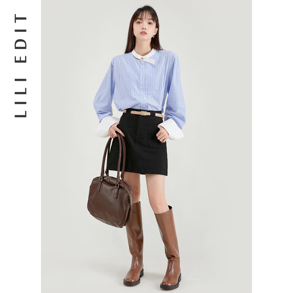 LILIEDIT/圆领条纹衬衫女春季新款宽松洋气高级别致通勤长袖上衣 - 图0