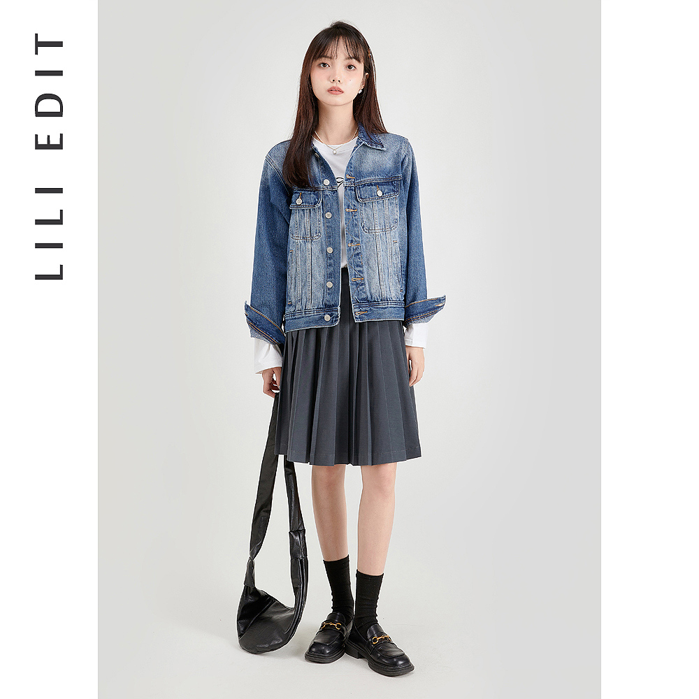 LILIEDIT/美式复古蓝色牛仔短外套女春季新款宽松显瘦设计感上衣 - 图1