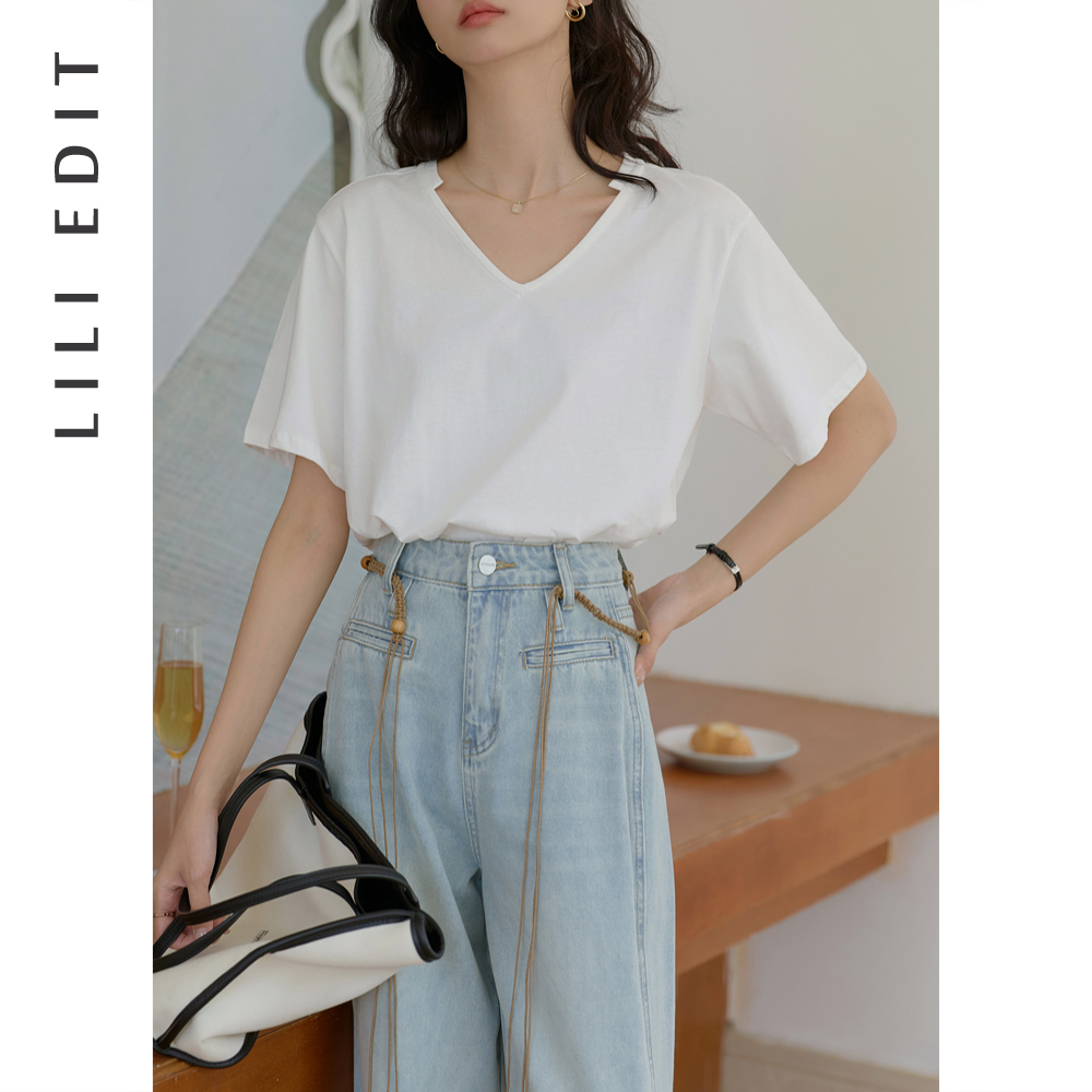 LILI EDIT/小众设计感V领显瘦宽松T恤女夏季慵懒风短袖休闲上衣-图0